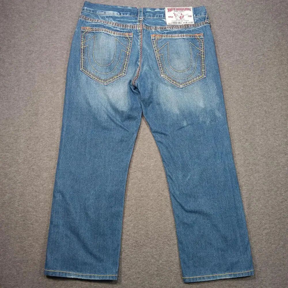 True Religion Bobby Big T Jeans Mens 38x28 Blue Straight Denim Made USA Stains